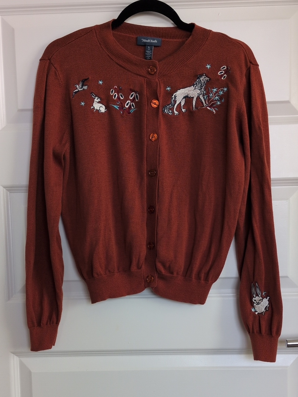 ModCloth Rust Brown Embroidered Magical Animal Button-Front Cardigan